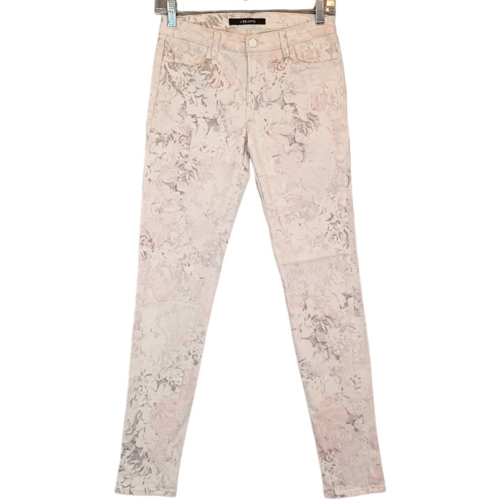 J BRAND Sz 26 Ghost Rose White Denim Skinny Jeans Pastel Mid Rise Stretch Spring